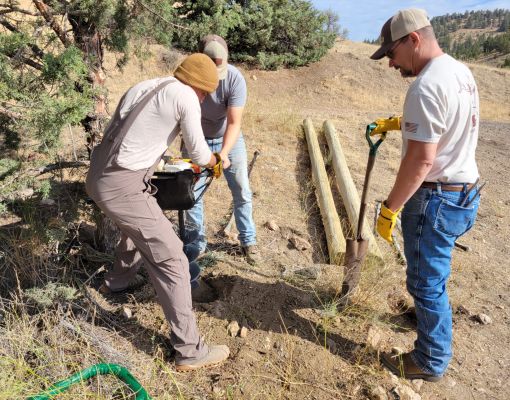 Volunteers working on habitat restoration by installing fencing.