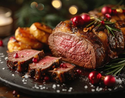A beautifully plated venison roast with seasonal garnishes.