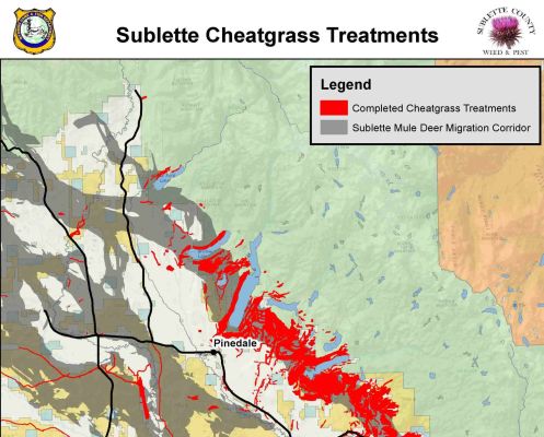 Map showing completed cheatgrass treatments and mule deer migration corridor