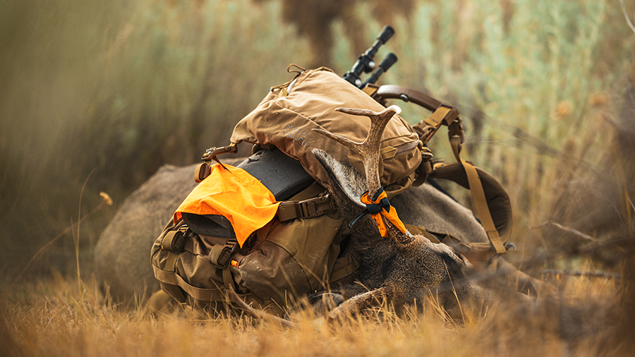 Hunting gear laid on the ground in a field setting.