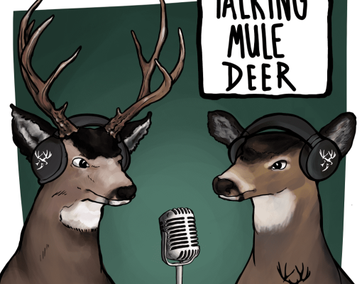 Illustration of mule deer hosting a podcast with microphone and headphones.