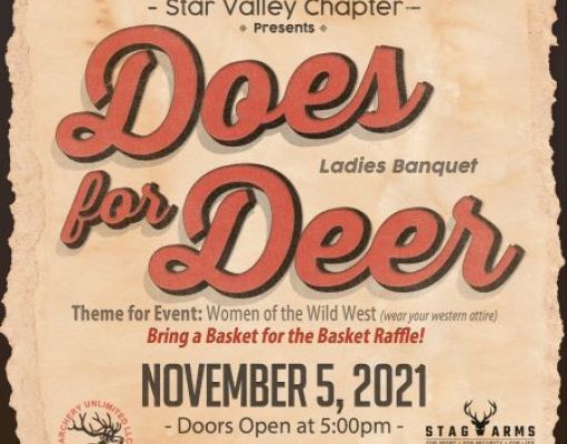 Poster for the Does for Deer Ladies Banquet in Alpine, WY.