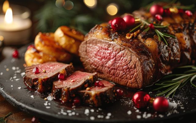 A beautifully plated venison roast with seasonal garnishes.