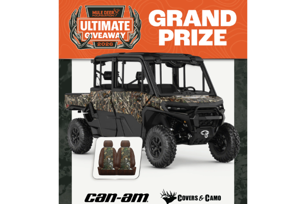 The Mule Deer Foundation (MDF) and Can-Am have partnered for the 2026 Ultimate Giveaway. Can-Am donated a 2026 Defender MAX XT CAB HD11 in Dark Wildland Camo.