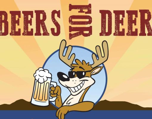 Cartoon logo featuring a deer with sunglasses and a beer mug.