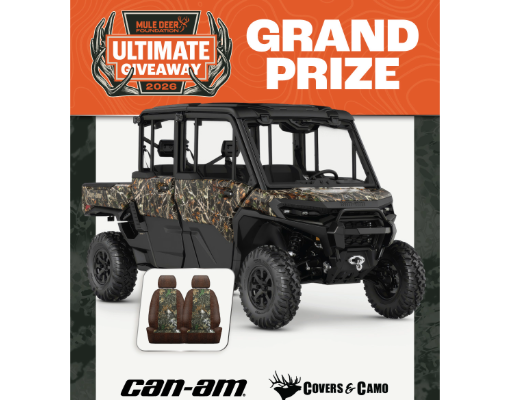 The Mule Deer Foundation (MDF) and Can-Am have partnered for the 2026 Ultimate Giveaway. Can-Am donated a 2026 Defender MAX XT CAB HD11 in Dark Wildland Camo.