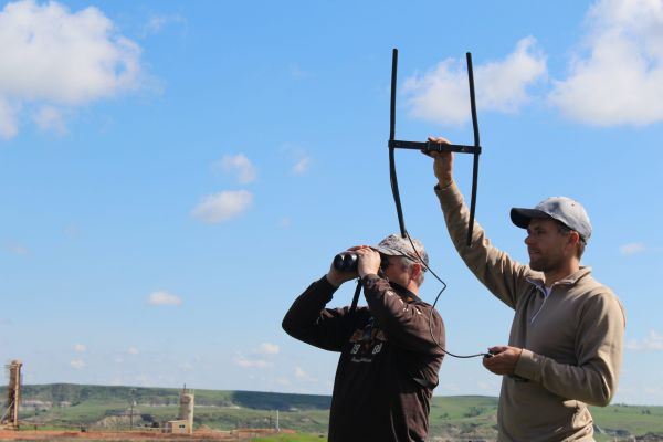 Researchers conducting wildlife telemetry in open field with blue skies.