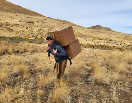 Volunteer carrying boxes in a hillside landscape