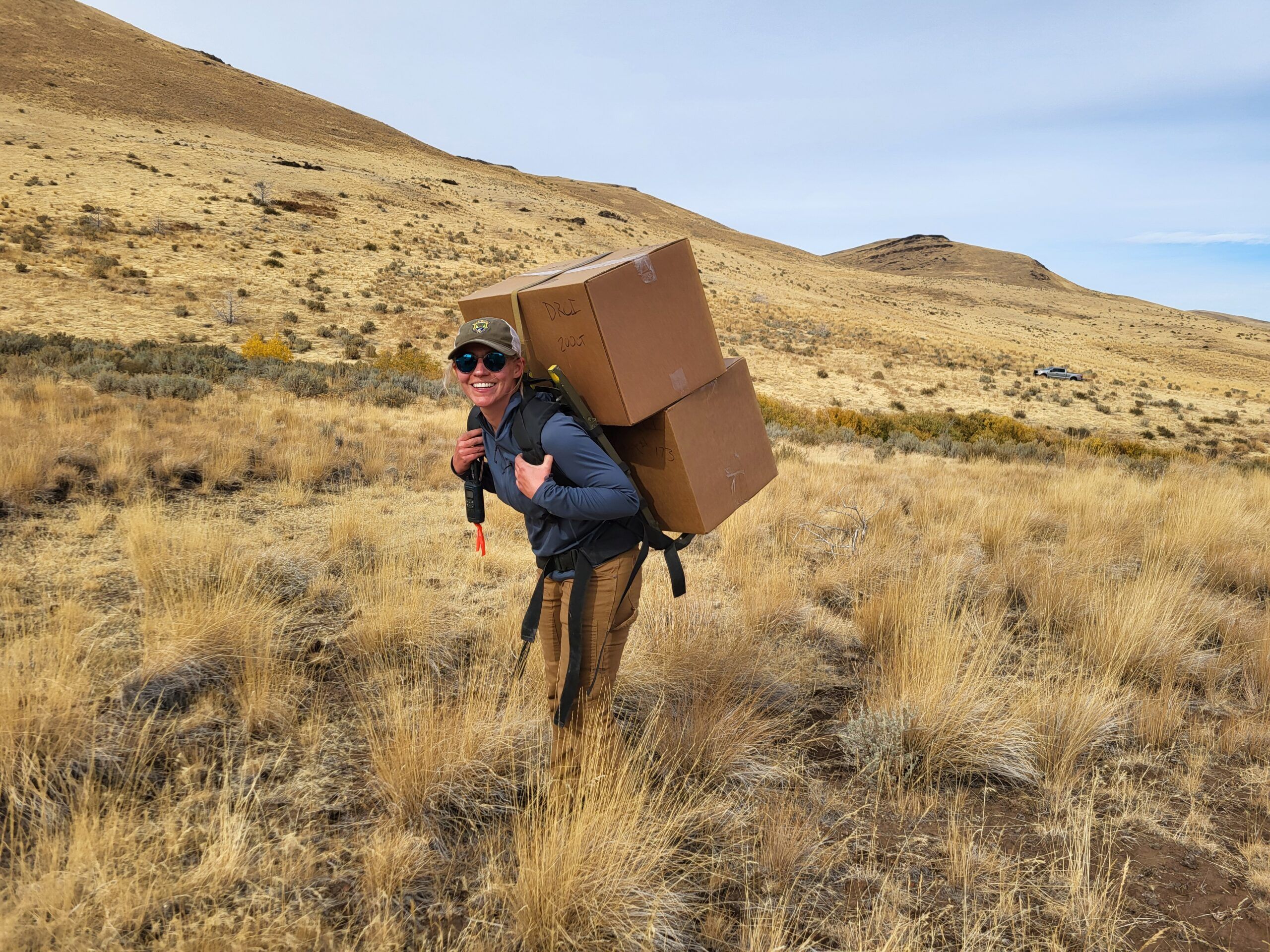Volunteer carrying boxes in a hillside landscape