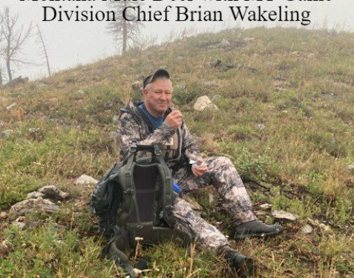 Man sitting in the field with a mule deer in Montana.