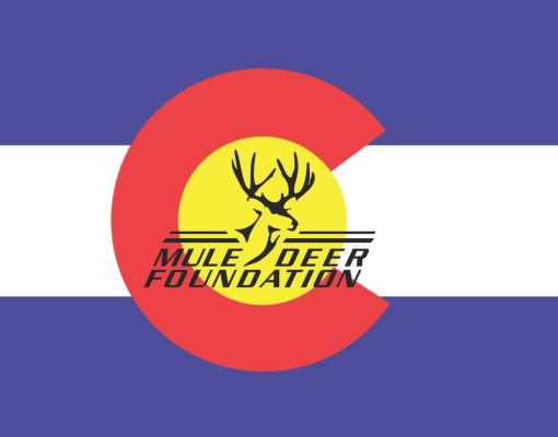 Mule Deer Foundation logo on a Colorado flag background.