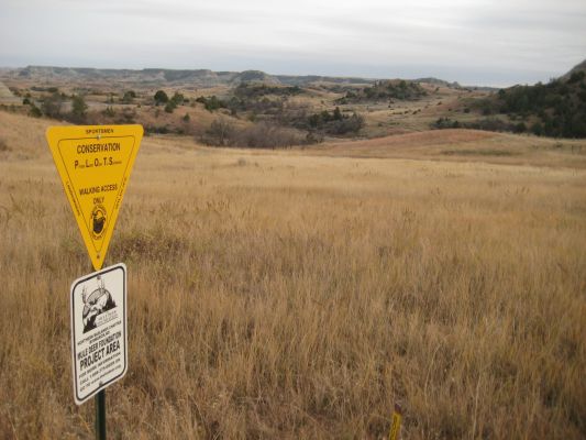 Mule Deer Foundation project area sign in a grassy habitat