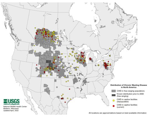 Map showing Chronic Wasting Disease distribution in North America.