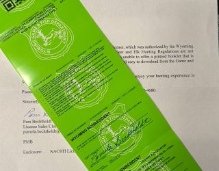 Wyoming nonresident hunting license and letter