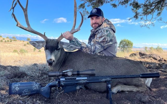 Mule deer buck resting beside a hunter in a sunny landscape.
