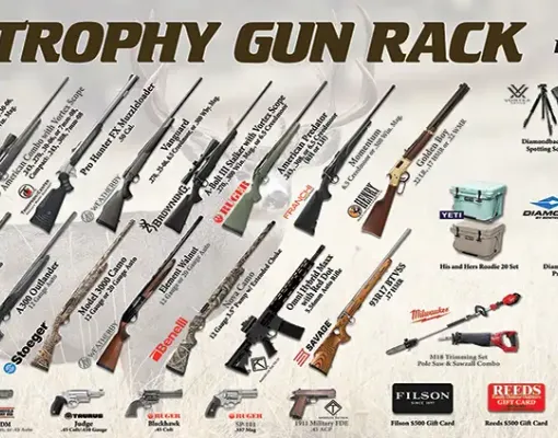 Collection of firearms and gear on display for Mule Deer Foundation