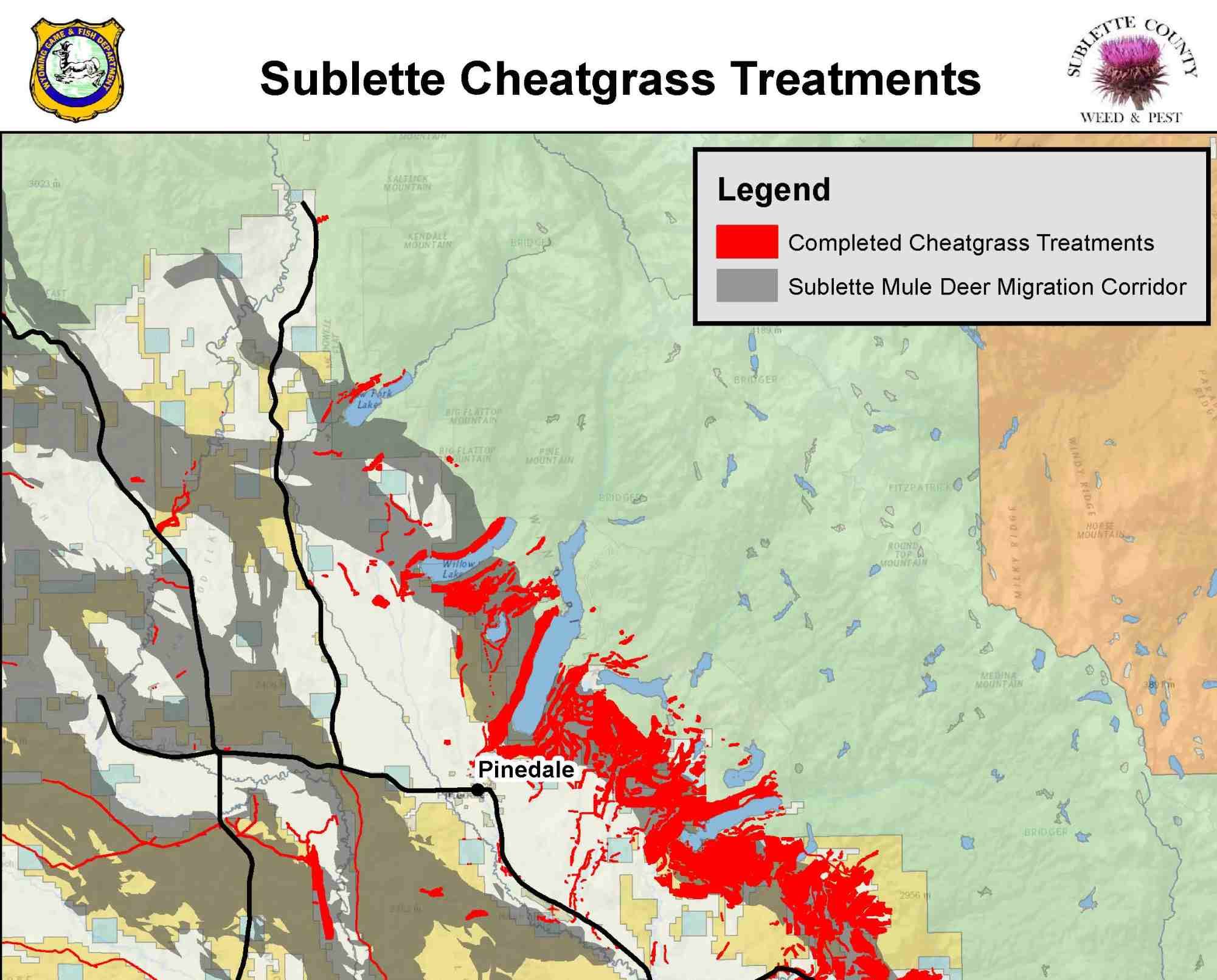 Map showing completed cheatgrass treatments and mule deer migration corridor