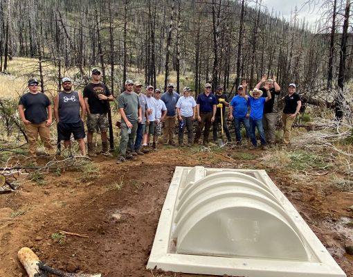 Group of volunteers at a habitat restoration site with a newly constructed structure.