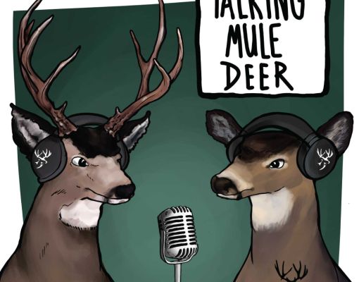 Illustration of animated mule deer podcast hosts with headphones