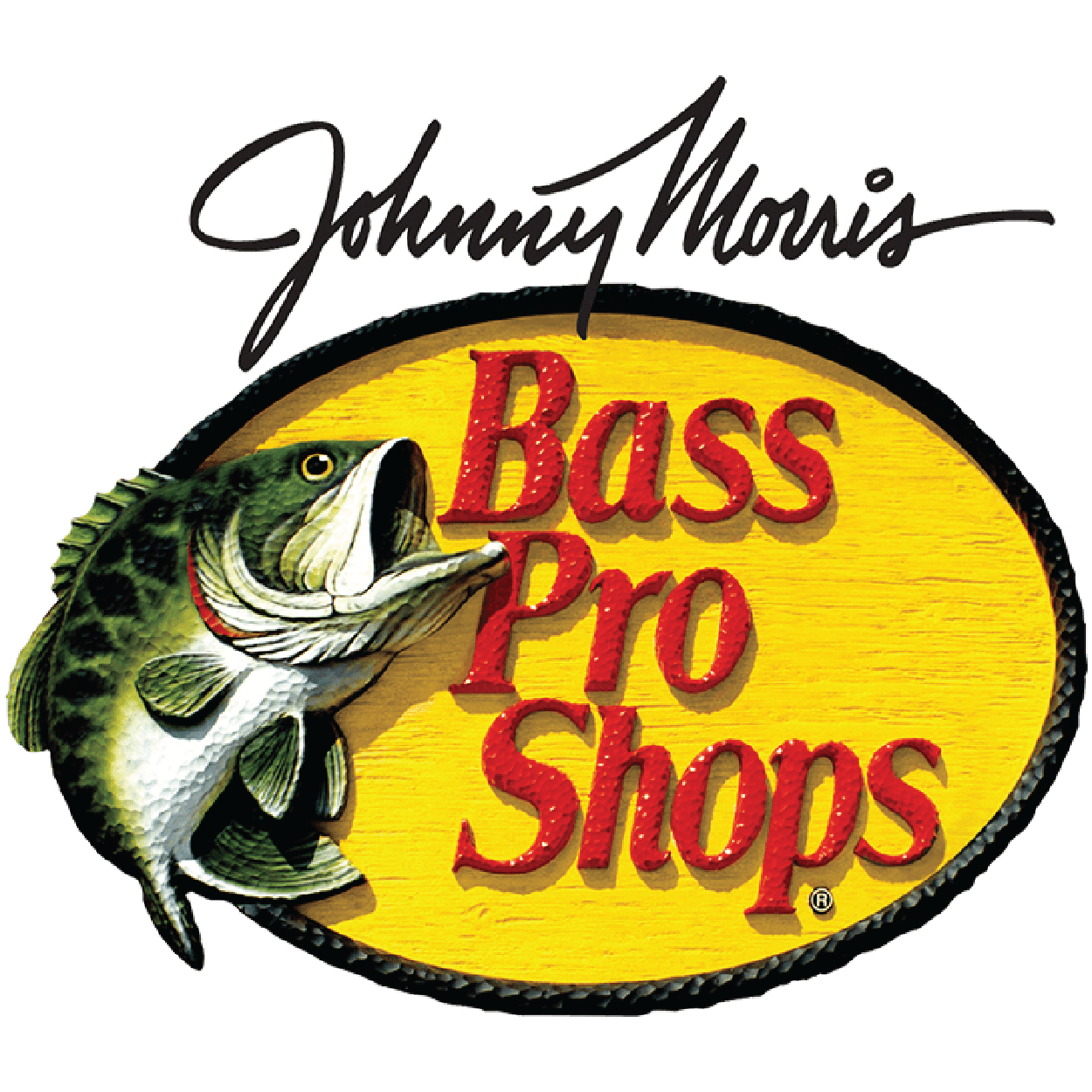 Logo of Bass Pro Shops featuring a bass fish and Johnny Morris's signature.