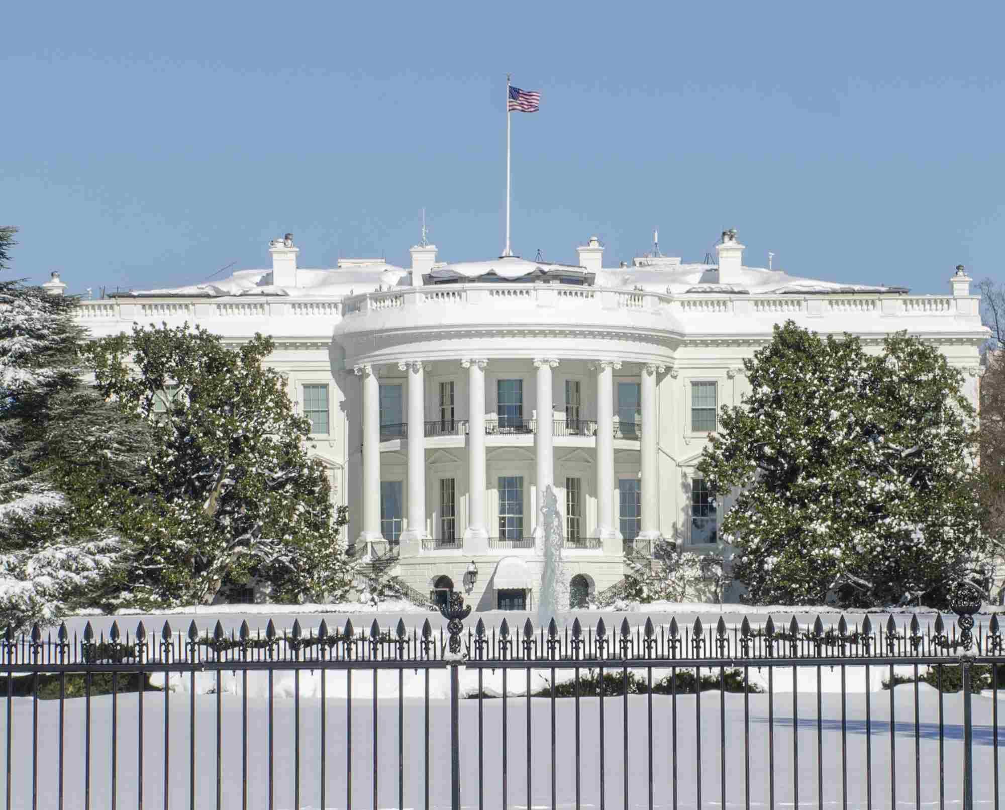 The White House covered in snow during winter.