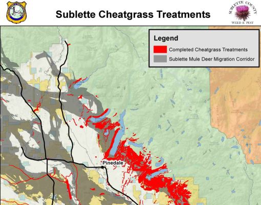 Map showing completed cheatgrass treatments and mule deer migration corridor
