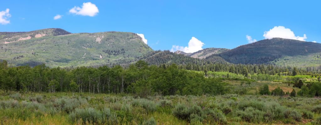 Lush mountain landscape with blue sky and clouds.
