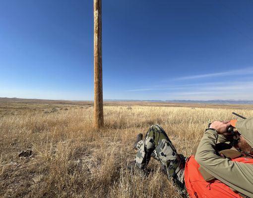 Hunter observing nature in open plains under blue sky