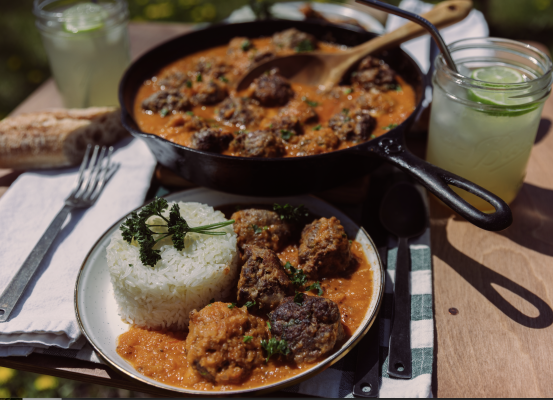 A plate of beef meatballs in tomato sauce with rice on a wooden table.