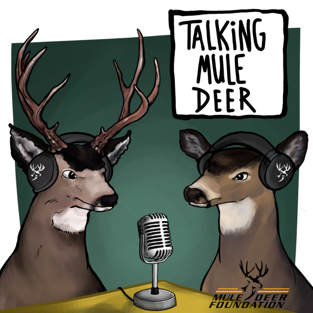 Cartoon of mule deer wearing headphones for a podcast titled Talking Mule Deer.