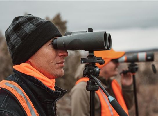 Hunters observing wildlife with binoculars in a natural setting.