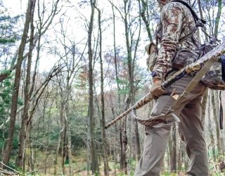 Hunter in camouflage observing the woods