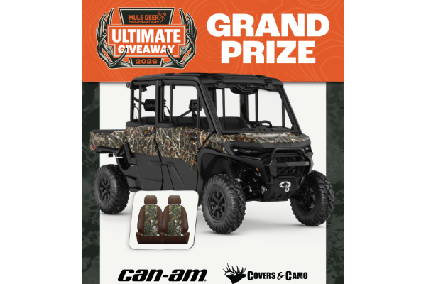 The Mule Deer Foundation (MDF) and Can-Am have partnered for the 2026 Ultimate Giveaway. Can-Am donated a 2026 Defender MAX XT CAB HD11 in Dark Wildland Camo.