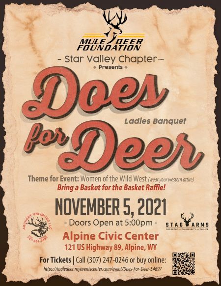 Poster for the Does for Deer Ladies Banquet in Alpine, WY.