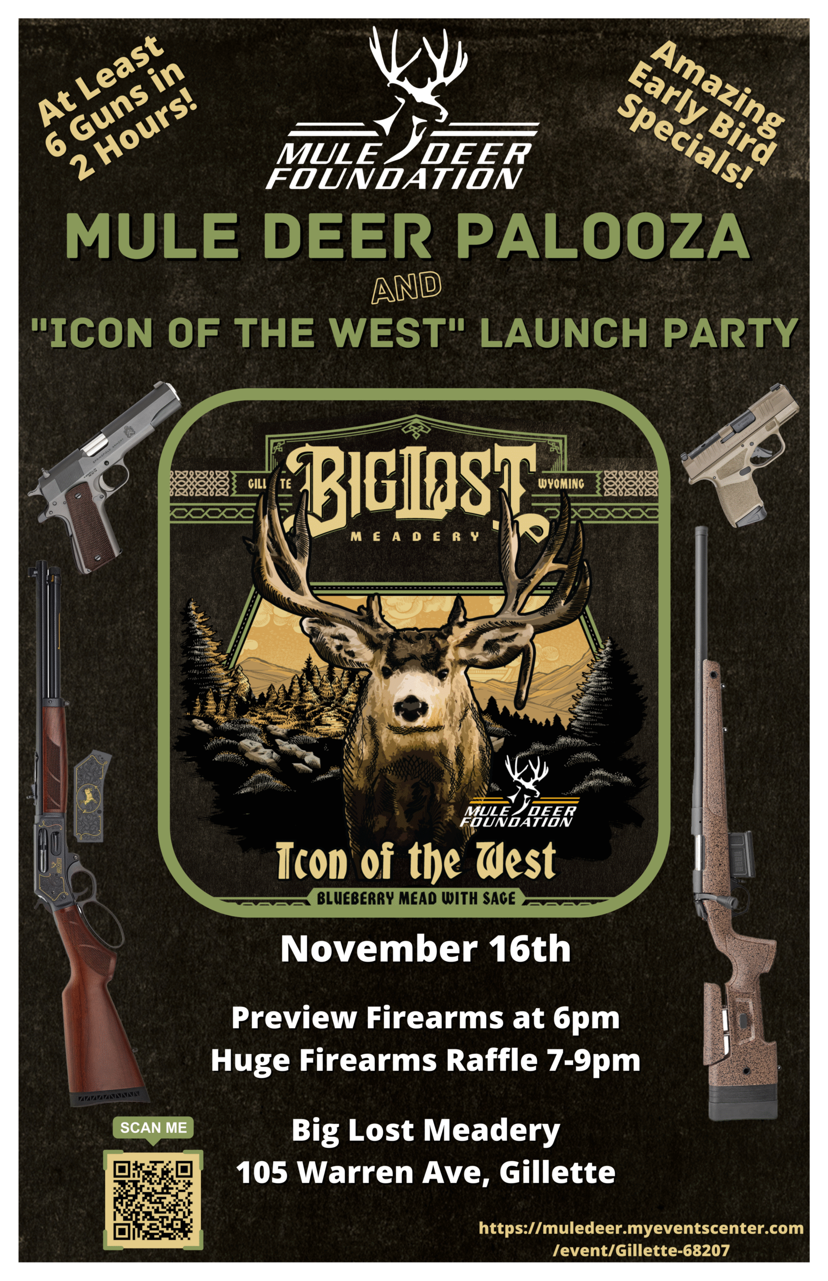 Mule Deer Palooza event poster with details about firearms raffle.