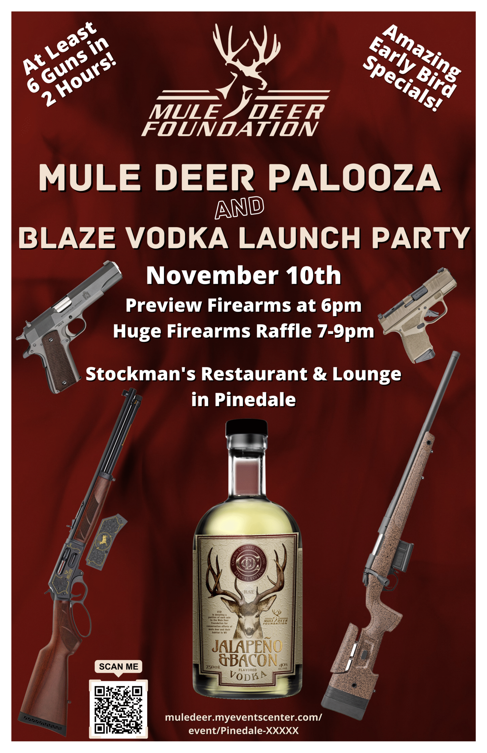 Event poster for Mule Deer Foundation's Mule Deer Palooza and Blaze Vodka launch party