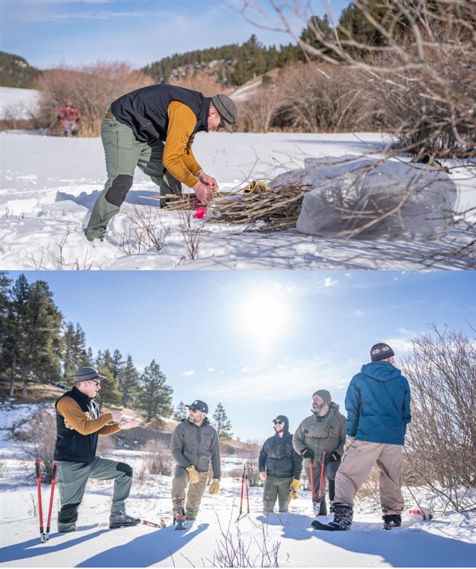 Hunting gear laid on the ground in a field setting.