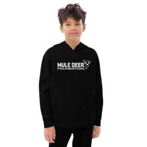 Young person wearing a Mule Deer Foundation hoodie