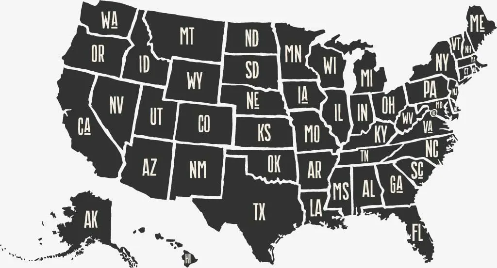 Black and white map of the USA with state outlines labeled.