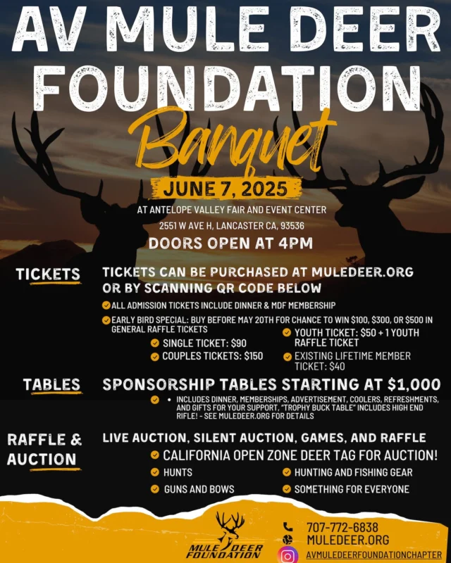 MDF is proud of all the work our regional directors, chapter chairs and volunteers do. It's these efforts that make new chapters possible. We're excited to announce a new chapter in the Antelope Valley region of California. This chapter's first banquet is June 7, 2025 at the AV Fair and Event Center. Get your tickets at the link in our bio and thank you to everyone who supports our mission in mule deer conservation!