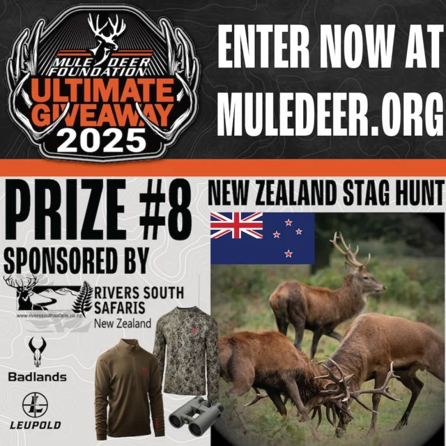 This week's Ultimate Giveaway highlight is prize package #8: 
New Zealand Red Stag & Tahr Hunt + Gear Package
 
Enter MDF's Ultimate Giveaway for a chance to win a four day, five nights, unforgettable experience filled with stunning terrain, incredible wildlife, and premium hospitality in New Zealand. Sponsored by River South Safaris this epic adventure includes meals and lodging for two people!
 
This gear package includes one pair of @leupoldoptics BX-4 Pro Guide HD Gen 2 Binoculars and a @badlandsgear apparel package. Get all the details for the Ultimate Giveaway 2025 prize packages and enter to win at the link in our bio!