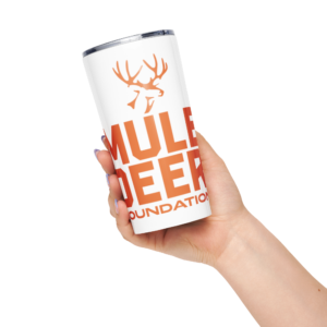 Mule Deer Foundation branded travel cup held in hand.