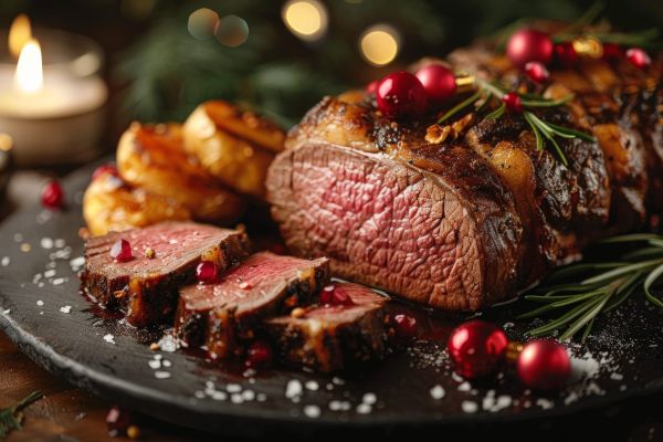 A beautifully plated venison roast with seasonal garnishes.
