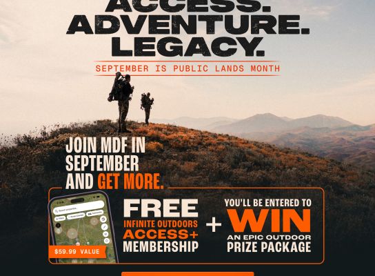 Flyer style graphic displaying Mule Deer Foundation and Infinite Outdoors campaign for National Public Lands month. Campaign theme Access. Adventure. Legacy is prominently featured.