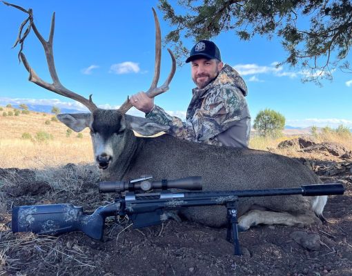 Mule deer buck resting beside a hunter in a sunny landscape.