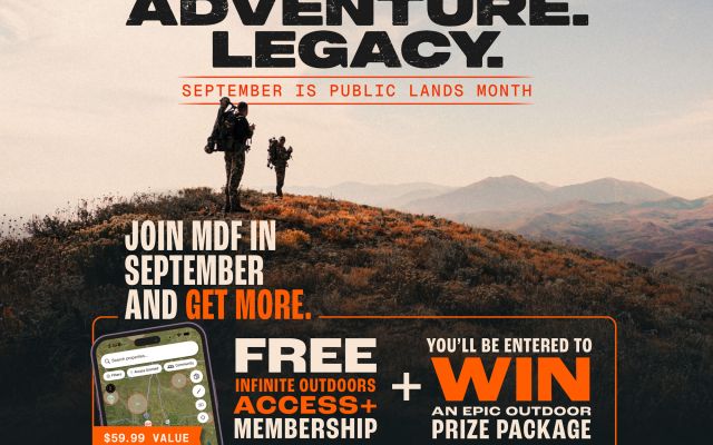 Flyer style graphic displaying Mule Deer Foundation and Infinite Outdoors campaign for National Public Lands month. Campaign theme Access. Adventure. Legacy is prominently featured.