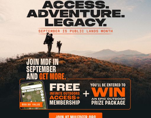 Flyer style graphic displaying Mule Deer Foundation and Infinite Outdoors campaign for National Public Lands month. Campaign theme Access. Adventure. Legacy is prominently featured.