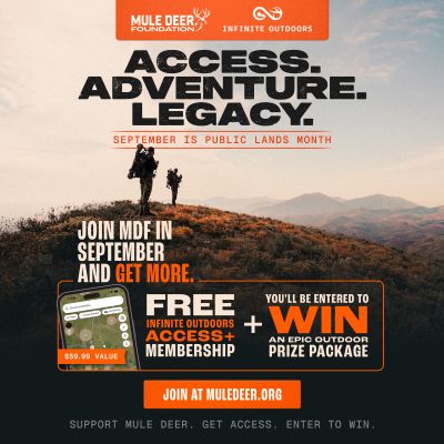 Flyer style graphic displaying Mule Deer Foundation and Infinite Outdoors campaign for National Public Lands month. Campaign theme Access. Adventure. Legacy is prominently featured.