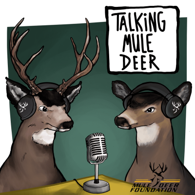 Illustration of mule deer in headphones for podcast art.