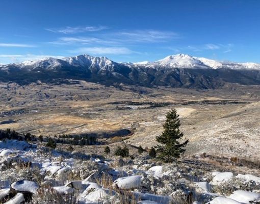 Snowy mountain landscape with clear blue sky